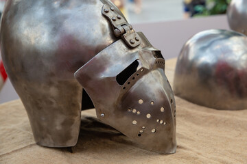 iron knight helmet with visor close-up, protection of a medieval warrior