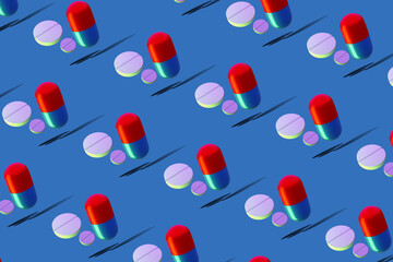 Medical preparations. Health pills. Texture with antibiotics. Background pattern from vitamins on blue. Medicines for human treatment. Background with pills. Pills and antibiotic capsules. 3d image.