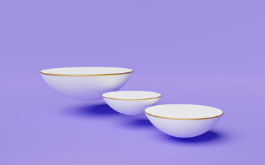 Wall Mural - 3 white half sphere podium floating with gold border on purple background. Empty pedestal mockup space for display product design. Abstract minimal studio geometric shape object. 3d rendering.