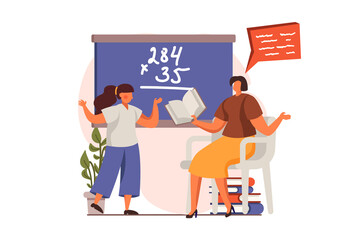 Wall Mural - school teacher web concept in flat design. teacher checks student homework. schoolgirl answers quest