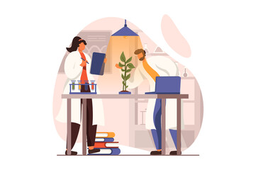 Poster - Science laboratory web concept in flat design. Man and woman scientists are studying plant on lab equipment. Biologists doing research. Biotechnology and botany. Illustration with people scene