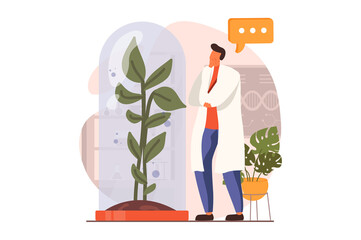 Aufkleber - Science laboratory web concept in flat design. Man scientist is examining huge plant in lab. Biologist doing biotechnology research and agriculture engineering. Illustration with people scene