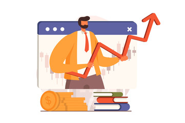 Wall Mural - Stock market web concept in flat design. Businessman analyzing trends and holding arrow up, trading, invests money, creates financial strategy, increases profit. Illustration with people scene