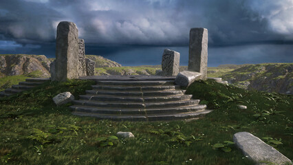 Aufkleber - 3D rendering of an ancient mystical fantasy stone circle temple in a mountain landscape under stormy sky.