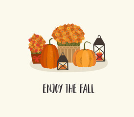 Poster - Autumn illustration. Pumpkins and flowers. Vector design for card, poster, flyer, web and other