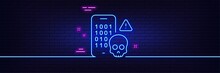 Neon Light Glow Effect. Cyber Attack Line Icon. Ransomware Threat Sign. Phone Hacking Symbol. 3d Line Neon Glow Icon. Brick Wall Banner. Cyber Attack Outline. Vector