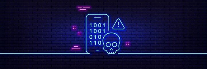 Neon light glow effect. Cyber attack line icon. Ransomware threat sign. Phone hacking symbol. 3d line neon glow icon. Brick wall banner. Cyber attack outline. Vector