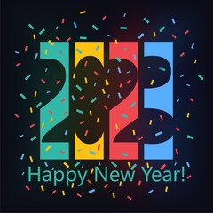 2023 new year, bright multicolored inscription greeting with neon glow and confetti. Vector illustration