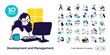Business Development and Management illustrations. Mega set. Collection of scenes with men and women taking part in business activities. Trendy vector style
