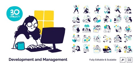 Wall Mural - Business Development and Management illustrations. Mega set. Collection of scenes with men and women taking part in business activities. Trendy vector style