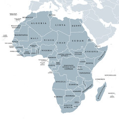 africa, single countries, gray political map. largest continent, including madagascar. with english 