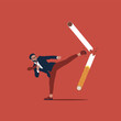 Businessman strongly kicking a cigarette while motivating to quit smoking. Healthy lifestyle.