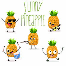 Vector Illustration Of A Pineapple Character, Cartoon, Wearing Glasses, Playing A Pipe, Drum, Guitar Or Ukulele, Lettering Cheerful Pineapple. Summer Time, Summer Mood.