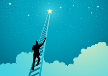 Businessman Climbing A Ladder To Reach Out For The Stars