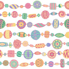Beads Strung On A String, Garland, Boho Style Set. Seamless Pattern Of Handmade Ethnic Beads On A White Background. Doodle Vector Illustration.