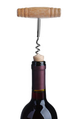 Canvas Print - Opening bottle of wine with corkscrew on isolated background