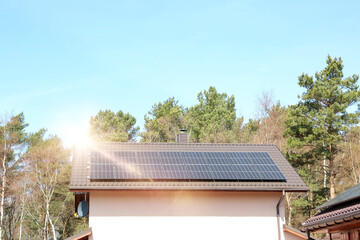 Wall Mural - House with installed solar panels on roof. Alternative energy
