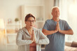 © Mediaphotos - Serene aged couple concentrated on meditation standing in living room and making Namaste gesture