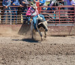 A rodeo cowboy rides a bucking bull out of a chute. He is holding on with his left hand while his right is held in front of his face. He is wearing a tan hat and vest and a red shirt.