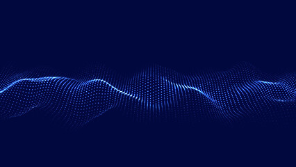 Wall Mural - A moving digital 3d wave. Futuristic dark background with dynamic blue particles. The concept of big data. Cyberspace. Vector illustration.