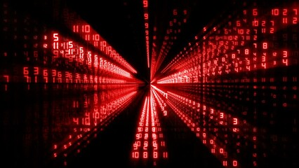 Red 3D tunnel consists of random digits. Telecommunication background, data transferring in cyberspace