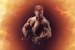 © zamuruev - Strong and fit man bodybuilder with dumbbells in fire. Sporty muscular guy athlete. Sport and fitness concept. Men's fashion
