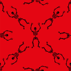 Wall Mural - Seamless pattern with black skeletons dancing and having fun on a red background.