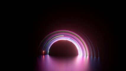 Wall Mural - 3d render, abstract black background with pink neon round arch. Glowing lines and reflection