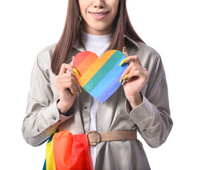 Poster - Stylish young transgender woman with rainbow heart on white background