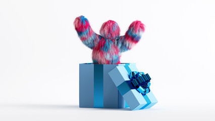 Wall Mural - 3d render, funny colorful furry monster jumps out the big gift box, Yeti cartoon character celebrating birthday holiday. Festive party clip art isolated on white background