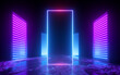 canvas print picture 3d render, pink blue neon abstract background with vertical panels glowing in ultraviolet light, futuristic power generating technology. Fantastic wallpaper
