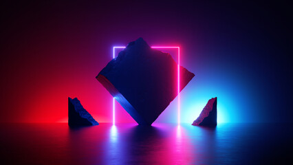 Wall Mural - 3d render, abstract neon background, stone ruins and square geometric shape. Trendy wallpaper