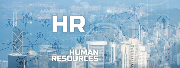 Wall Mural - hr - human resources management and recruitment concept on modern city. double exposure people netwo