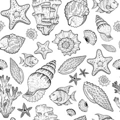 Wall Mural - Sea pattern with seashell, coral reef, starfish, algae. Vector seamless ocean illustration. Beach background in marine vintage style. Summer sketch graphic drawing with underwater tropical elements