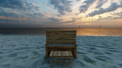 wood piano on the beach