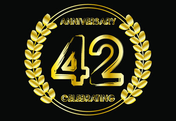 42 years gold anniversary celebration luxury logo. Vector with golden crown for birthday year isolated on black background.