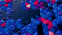 Illuminated, Blue And Pink Polygonal Surface With Triangular Pyramids. High Tech, Neon 3d Wallpaper.