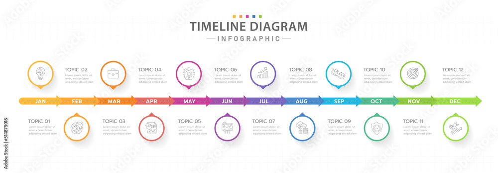 Infographic template for business. 12 Months modern Timeline diagram ...