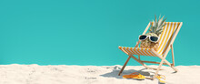 Pineapple Relax On The Beach. Summer Vacation Concept. 3d Rendering