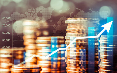 Finance and money technology background concept of business prosperity and asset management . Creative graphic show economy and financial growth by investment in valuable asset to gain wealth profit .