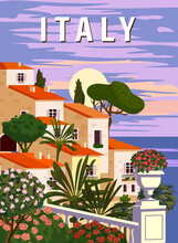 Retro Poster Italy, Mediterranean Romantic Landscape, Mountains, Seaside Town, Sailboat, Sea. Retro Travel Poster