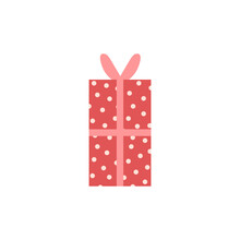 Big Vertical Red With Polka Dots Gift Box, Pink Ribbon And Bow Flat Style
