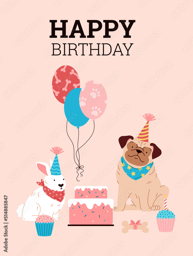 Happy birthday card template with cute funny dogs characters, flat ...