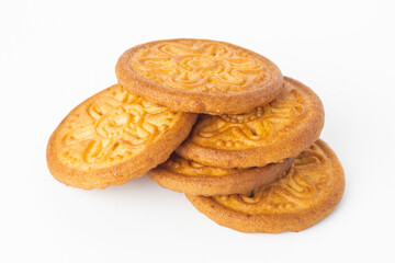 Cookies on white background. Danish butter cookie isolated on white background. homemade chips  cookies, top view, copy space for text.