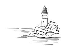Seascape. Lighthouse. Hand Drawn Illustration Converted To Vector. Sea Coast Graphic Landscape Sketch Illustration Vector.