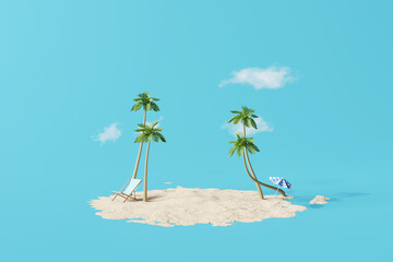 summer beach vacation scene with blue background. 3d rendering