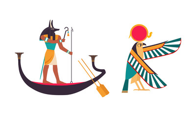 Wall Mural - Anubis or Inpu on Boat as Ancient Egyptian God of Death and Horus Deity Vector Set