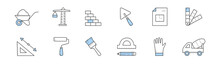 Construction And Building Doodle Icons. Wheelbarrow With Sand, Crane, Brick Wall, Trowel, Palette And Blueprint. Paint Roller, Paintbrush And Triangle Ruler, Vector Signs