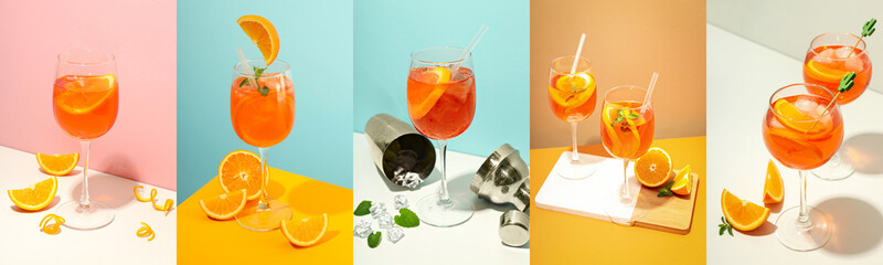 Photo collage of Summer cocktail concept with Aperol Spritz