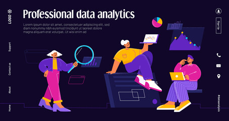 Wall Mural - professional data analytics banner with people team work with graph and analysis reports. vector nig
